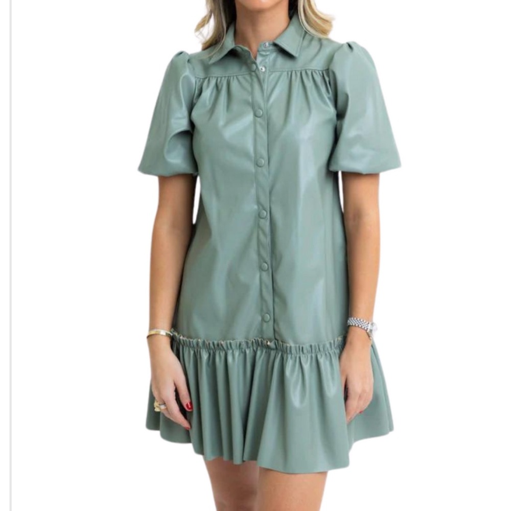 Faux Leather Puff Sleeved Snap Button Front Flare Hem Mini Dress Sage L/14/16